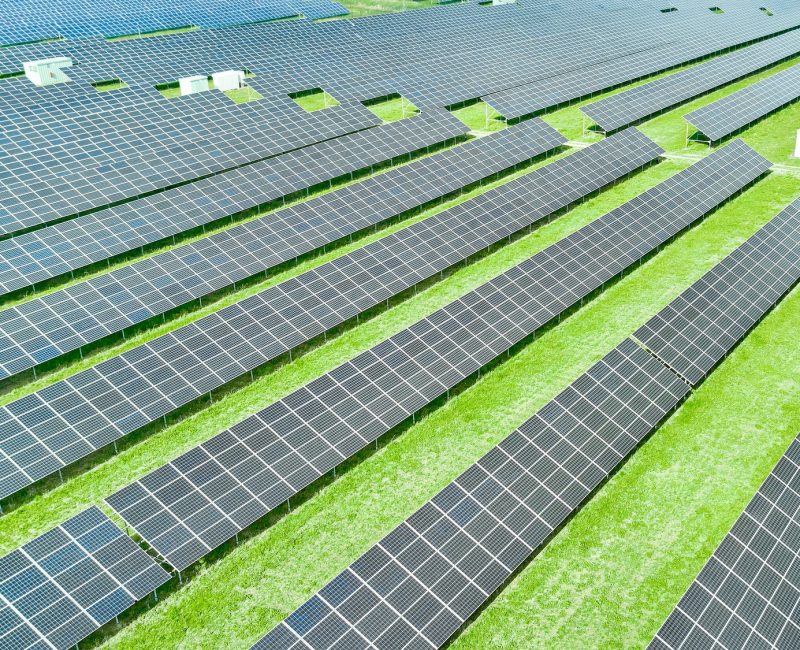 Solar panels for production of green, eco friendly, renewable, energy. Aerial view of solar power